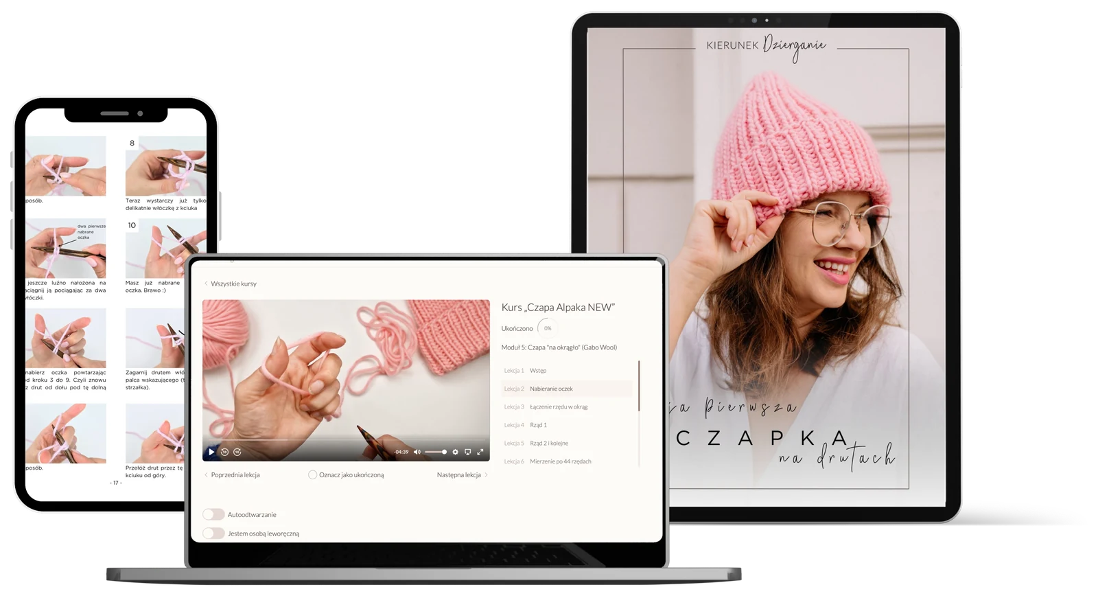 Materiały kursowe na laptopie, tablecie i telefonie: lekcja wideo, instrukcja PDF ze zdjęciami i okładka kursu